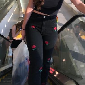 Embroidered Red Rose Black Mom Jeans
